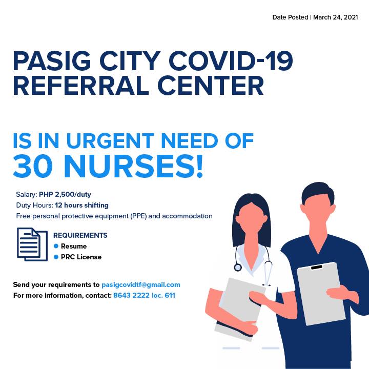 PasigInfo's tweet photo. The Pasig City COVID-19 Referral Center (Pasig City Children's Hospital) is in urgent need of 30 nurses!
To apply, email your resume and PRC license to pasigcovidtf@gmail.com, with the subject: Application_Nurse for the COVID 19 Referral Center_Last name https://t.co/IPnA4D1Gus
