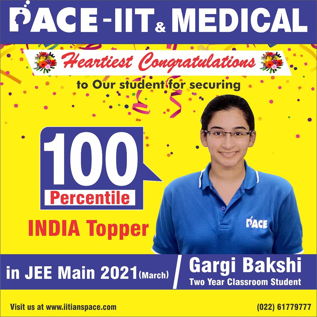 IITians_PACE's tweet photo. Excellence is our Habit!
We are,what We repeatedly Do!
At PACE, The Legacy of Academic Excellence continues!
Proud of You Gargi Bakshi 👏👏
Kudos and Best wishes!!🎉🎊🎉
#jeemain2021 #jeemainresults #jeemains #indiatopper #congratulations #bestwishes #paceiit&medical #proudmoment https://t.co/ZYIwRjJRWl