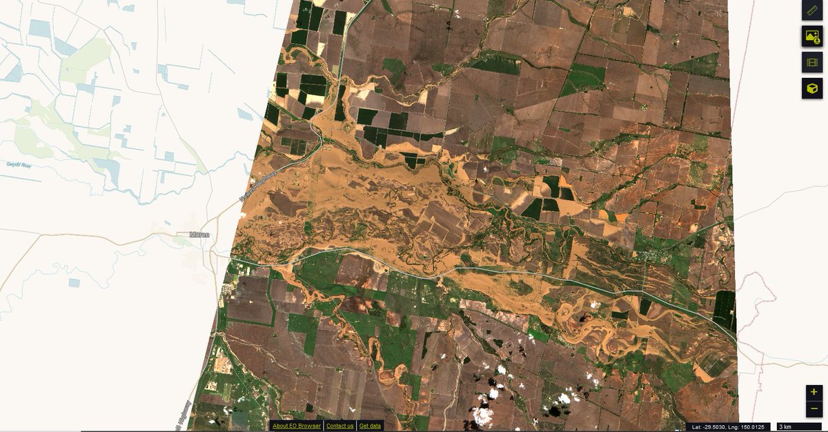 Floodwater upstream of Moree, this morning. https://apps.sentinel-hub.com/eo-browser/?zoom=12&lat=-29.42689&lng=149.92424&themeId=DEFAULT-THEME&datasetId=S2L2A&fromTime=2021-03-25T00%3A00%3A00.000Z&toTime=2021-03-25T23%3A59%3A59.999Z&layerId=1_TRUE_COLOR&visualizationUrl=https%3A%2F%2Fservices.sentinel-hub.com%2Fogc%2Fwms%2Fbd86bcc0-f318-402b-a145-015f85b9427e&gain=2