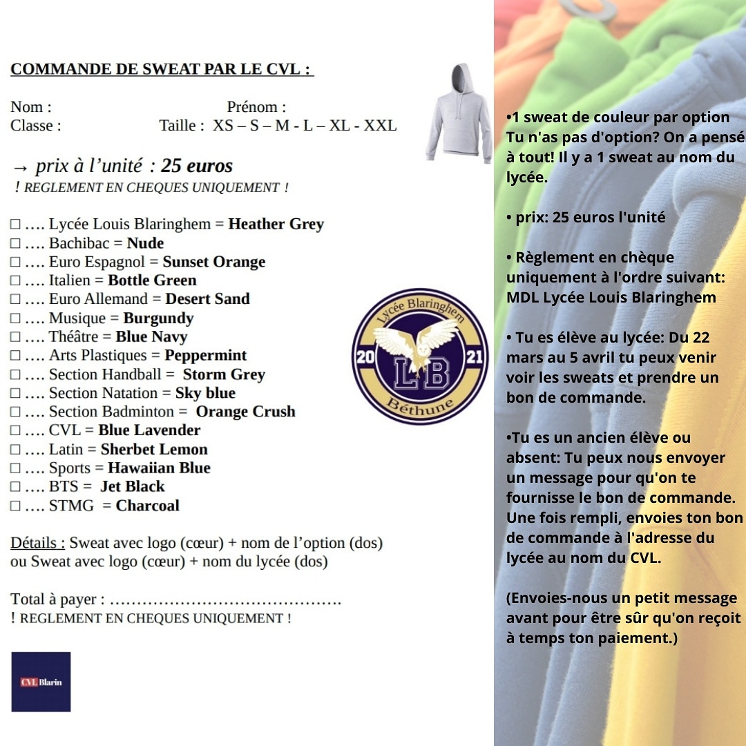 CBlaringhem's tweet photo. On vous attend nombreux, dès maintenant et jusqu'au 5 avril pour commander votre sweat! 🕶 Qu'est-ce que tu attends? 
- 25 euros l'unité 🤍
- 1 sweat de couleur différente par option 
- 1 sweat au nom du lycée avec nouveau logo 
À très vite sur instagram: cvl_blaringhem https://t.co/VpeoYphjna