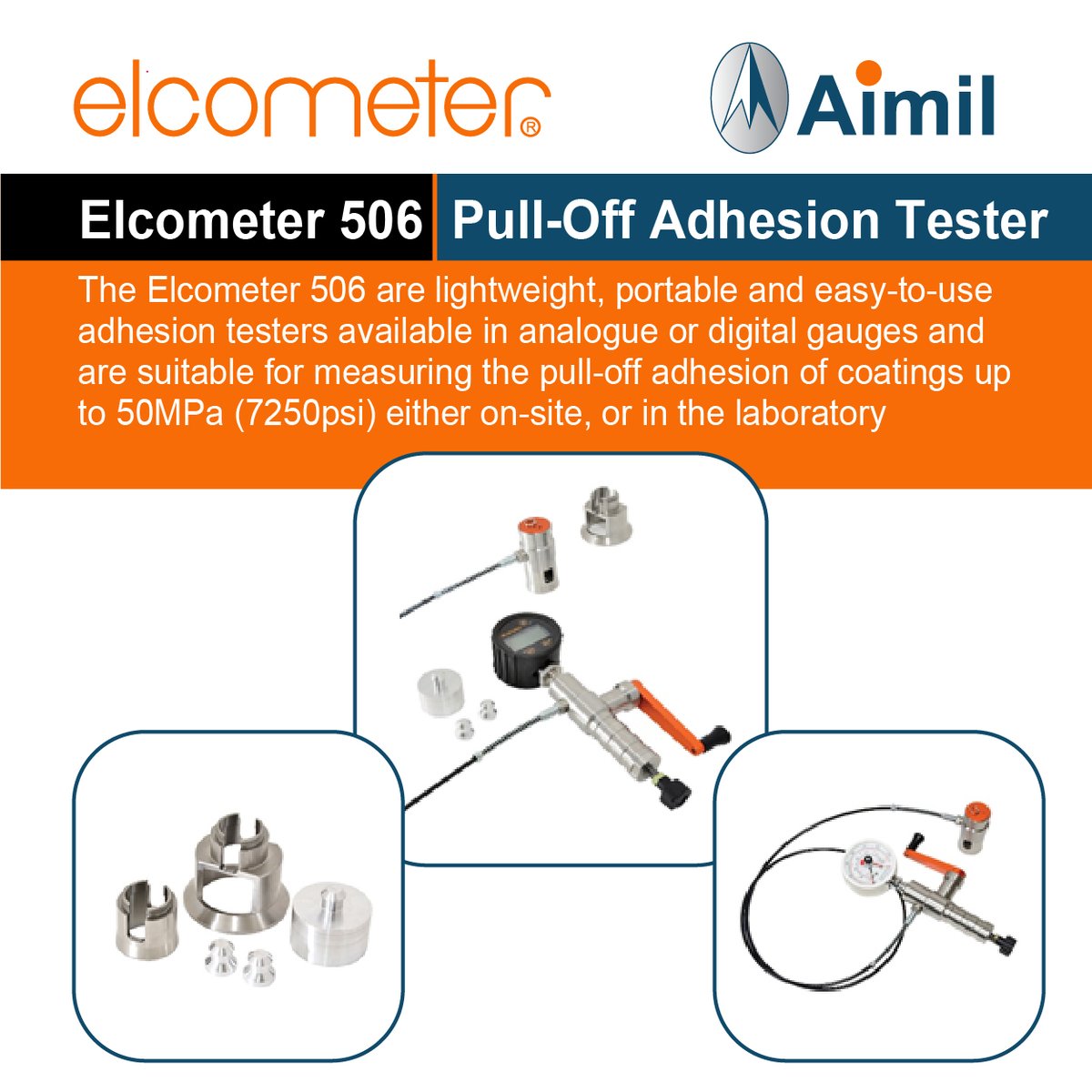 AimilLtd's tweet photo. The #Elcometer 506 are lightweight, portable, and easy-to-use adhesion testers available in analog or digital gauges and are suitable for measuring the #pull-off #adhesion of #coatings up to 50MPa (7250psi) either on-site or in the laboratory.
Read more: https://t.co/5N1frFlq3X https://t.co/nLVQdX6AMz
