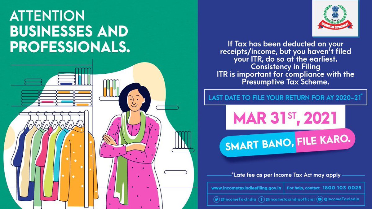 PIBTvpm's tweet photo. Attention Businesses and Professionals📢📢
Do file your Income Tax Return at the earliest
Last date to file ITR for AY 2020-21 is March 31, 2021
#SmartBanoFileKaro
#PIBKochi @IncometaxKerala @IncomeTaxIndia @FinMinIndia @KirenRijiju @PIB_India @DDNewslive @airnewsalerts https://t.co/Rcvf50sEpG
