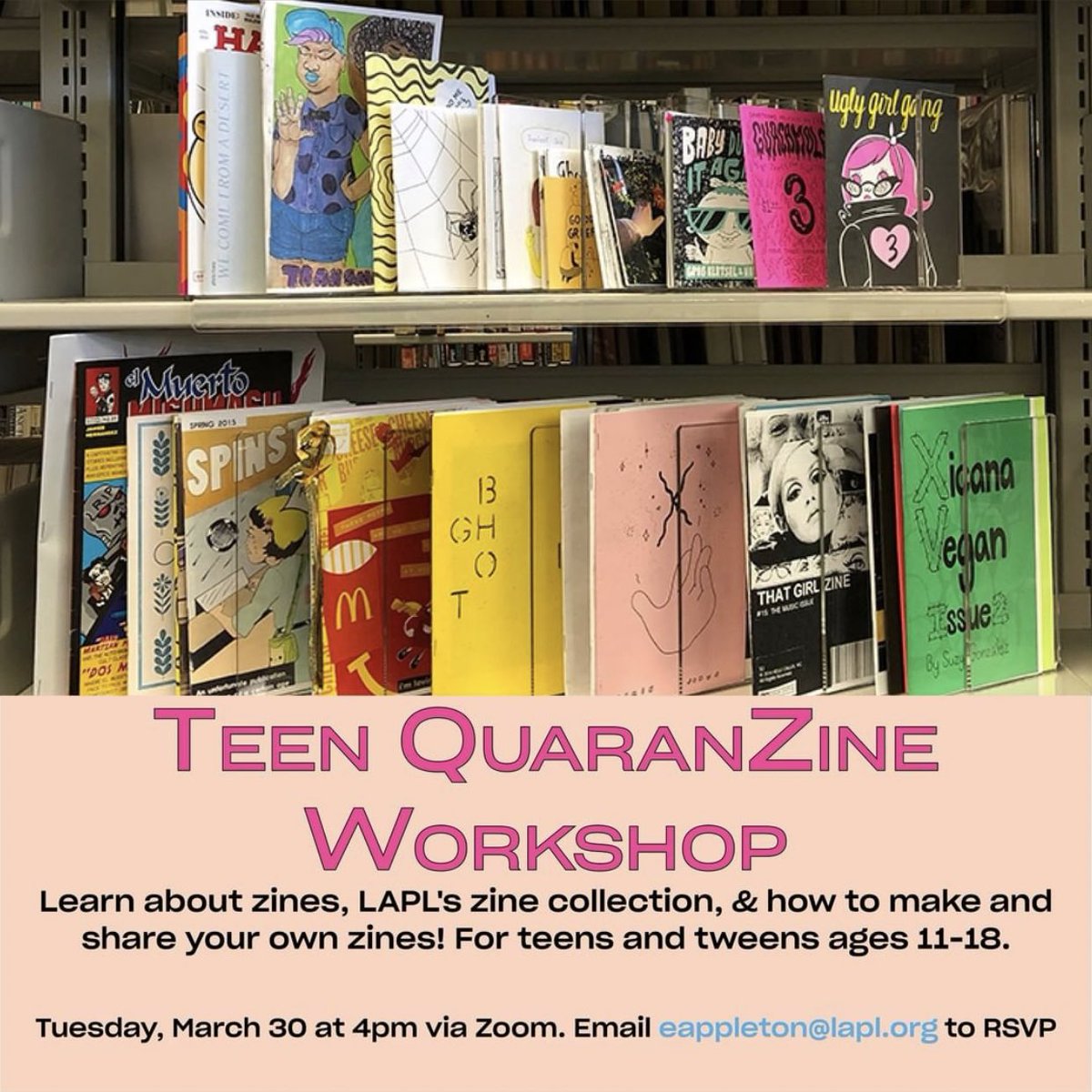 BaldwinHills's tweet image. Learn about the history of zines, #LAPLZineLibrary, and how to make and share your own #LAPLzines! At the end of the session we will collaborate and make a Zine together.

Zine (ZEEN; short for magazine or fanzine) is a self-published, independently made, usually photocopied, and