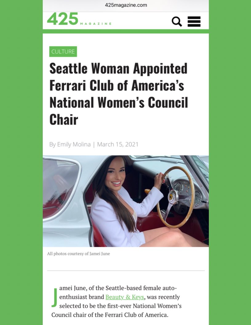 jameijune's tweet photo. “Being in the driver’s seat is a completely different feeling, and I want more women to experience that.”
🙋🏻‍♀️💜👩🏻‍🤝‍👩🏼🏎💨

Check out @425Magazine’s feature!

I loved sharing my story &amp; this amazing new national position at the @ferrariclub! 
@FerrariUSA @Ferrari @ScuderiaFerrari https://t.co/NcfTXyAjCy