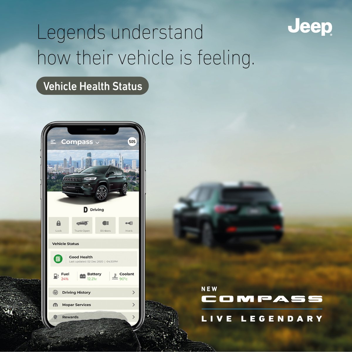 JeepIndia's tweet photo. Live a legendary life, get the New Compass top-of-the-line connectivity features - vehicle’s health, trip planning, vehicle tracking, all at your fingertips. Price starting at ₹16.99 Lakhs. Test drive it today.https://t.co/jpVA8f3qCU  #NewJeepCompass #NewCompass #Jeep #OIIIIIIIO https://t.co/n6QxTMJ5Lz