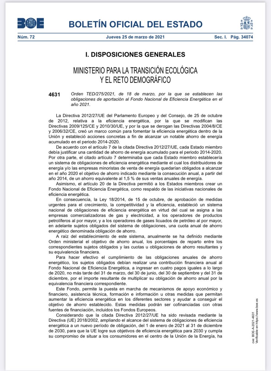 AsesoresNh's tweet photo. BOE 25/03/2021. **EFICIENCIA ENERGETICA**

Orden TED/275/2021, de 18 de marzo, por la que se establecen las obligaciones de aportación al Fondo Nacional de Eficiencia Energética en el año 2021.

#fnee https://t.co/X3C08LdxN7