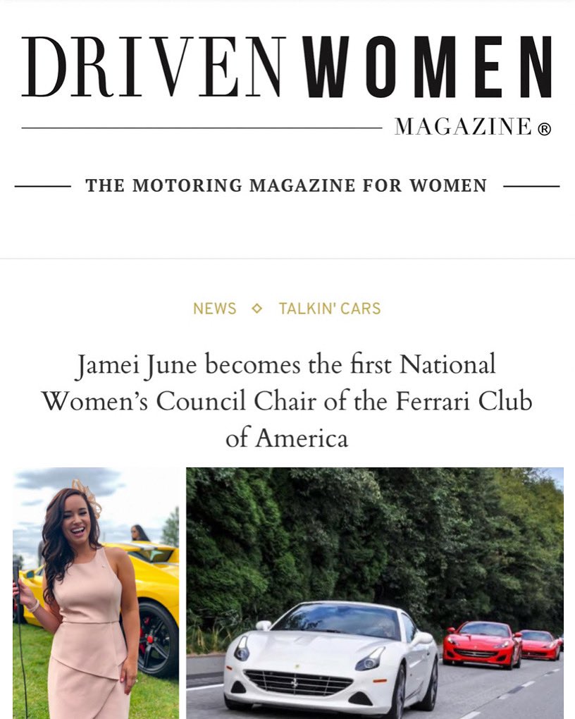 jameijune's tweet photo. Thank you, @DrivenWomenMag, for the feature!

I am so excited to be a part of the @ferrariclub! 🙋🏻‍♀️❤️👩🏻‍🤝‍👩🏼🏎

Full Article: https://t.co/EtrMkaSEvl

#ferrariclub #femaledriven @FerrariUSA @Ferrari https://t.co/XI9FA4pPac