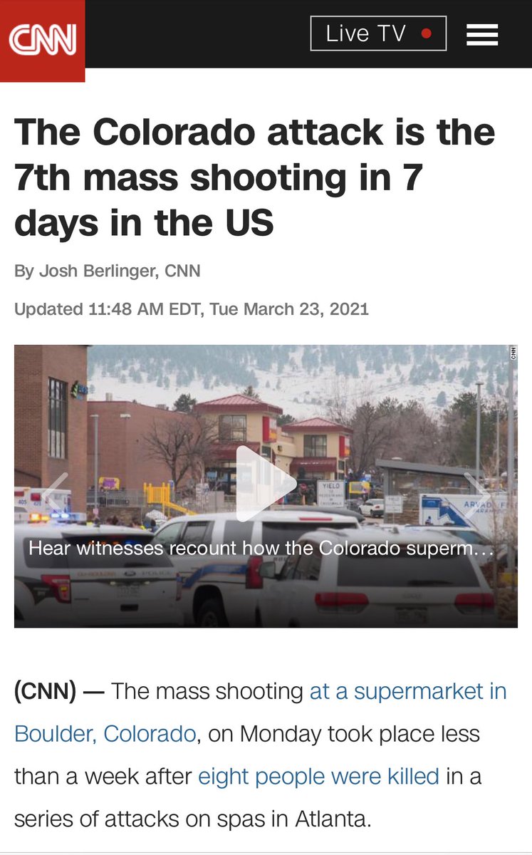 Colorado shooting is the 7th mass shooting in 7 days: Atlanta, Stockton, Gresham, Houston, Dallas, Philadelphia, Boulder

I wonder what 12 days of Christmas is going to be 

“On the first day of Christmas, my NRA gave to me bang bang bang bang bang Reload”