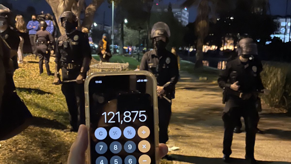 StreetWatchLA's tweet photo. This is how much money we’ve spent on LAPD for 5 hours of standing, not calculating the 4 helicopters. Imagine putting that money towards housing people. #ServicesNotSweeps https://t.co/u9pb76H1OP