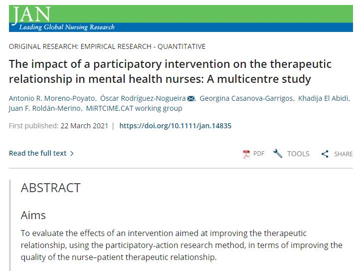 En las unidades de salud mental, la Relación Terapéutica Enfermera-Paciente puede mejorarse mediante intervenciones participativas que incluyan la implementación de prácticas basadas en la evidencia. Así concluye un proyecto liderado por el Dr. Antonio Moreno. Felicidades Equipo.