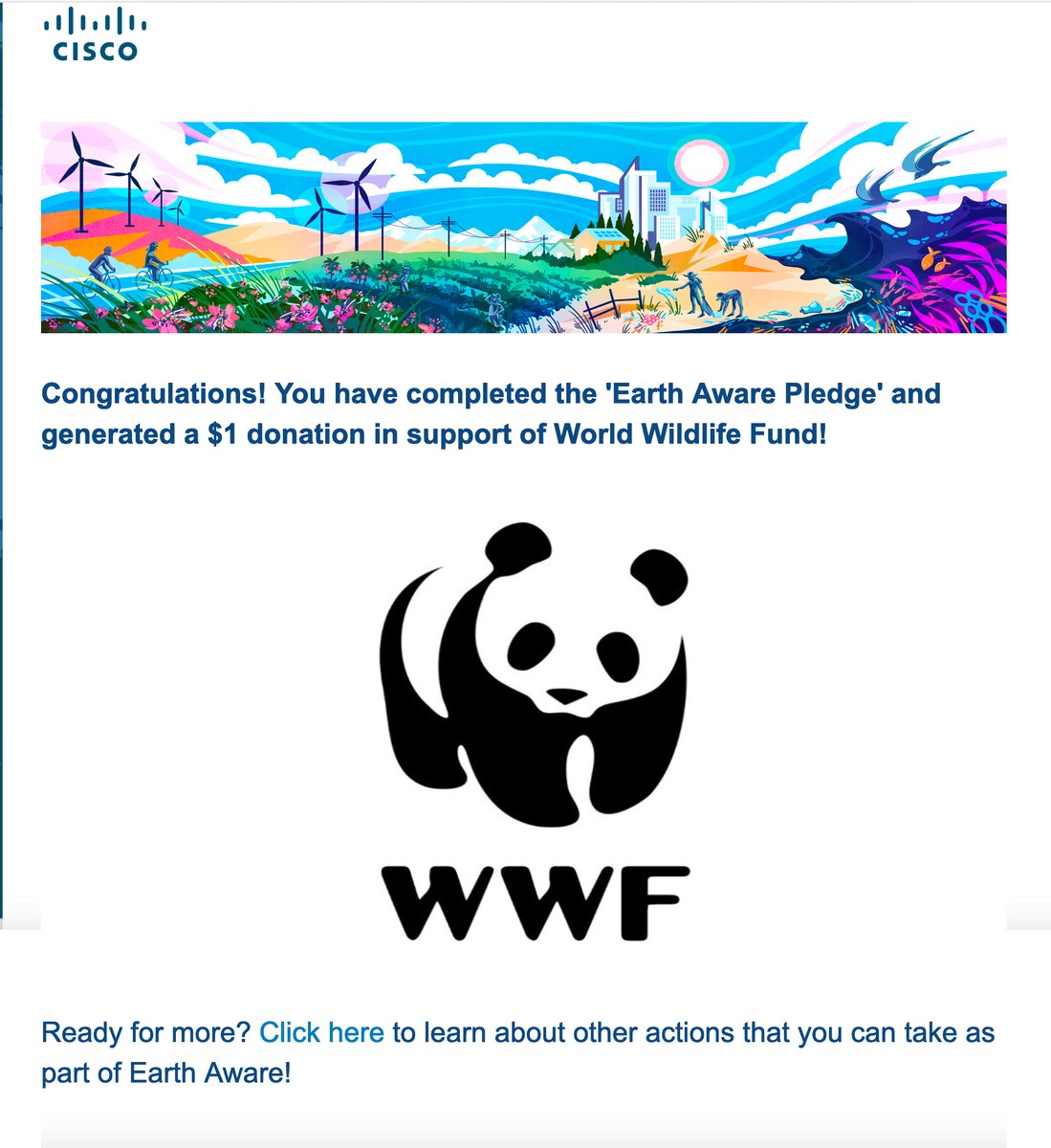 Cori_Moran's tweet photo. Our Earth Aware activities have kicked off! I 💕 that @Cisco is donating to one of my longtime charities @WWF $1 for every employee pledge #wearecisco #lovewhereyouwork #earthaware https://t.co/OxUr3UXUKM