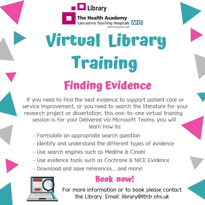LancsHospLib's tweet photo. Book a virtual training session with the Library and learn how to use healthcare databases such as Medline & Cinahl - find the evidence you need for patient care, service improvement, university assignments & more! To book email: library@lthtr.nhs.uk #LTHTrFindingEvidence π https://t.co/KmcsZGwt3C