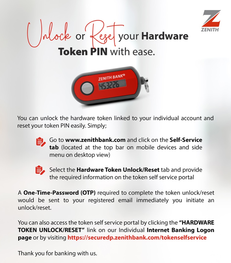 Zenith Bank on Twitter "Unlock or reset your hardware token by
