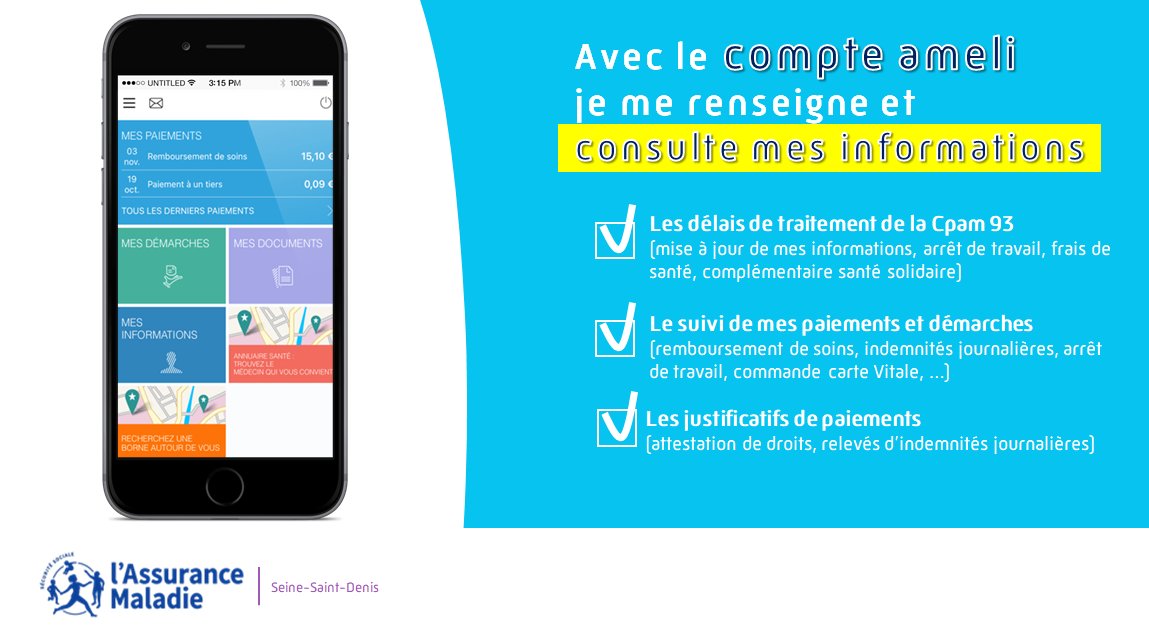 Cpam93's tweet photo. [ASSURES #confinement #COVID19]🤳
Consultez vos informations et faites vos démarches en ligne 24h/24 et 7j/7 : obtenez un relevé indemnités journalières ou une attestation de droits, suivez vos arrêts de travail et vos remboursements 👉https://t.co/3i1WdrnGXF
#cpam93 https://t.co/Sbf7hJ7J4r