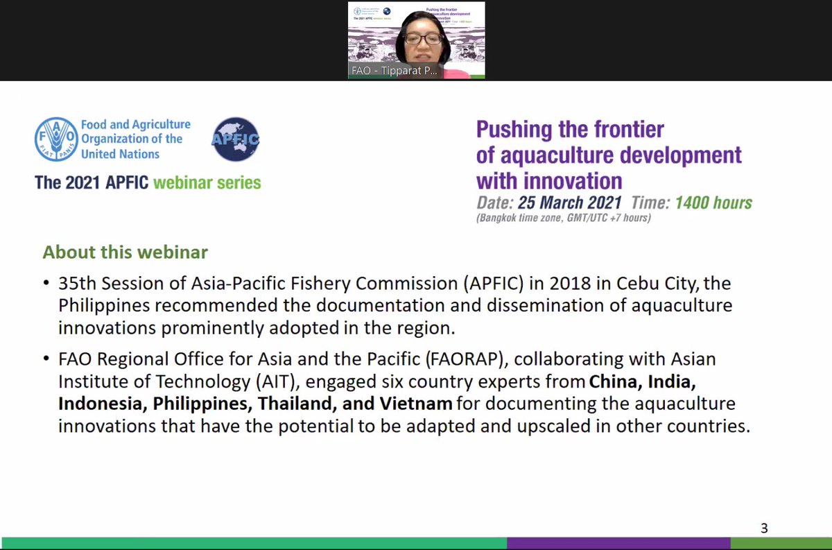 dabbadie's tweet photo. Tipparat Pongthanapanich introduces the #APFIC webinar organized with @AITAsia by describing the on-going work on the @FAOAsiaPacific @FAOfish Aquaculture Regional Technical Platform (AQ-RTP) https://t.co/qqhCeqlzaY