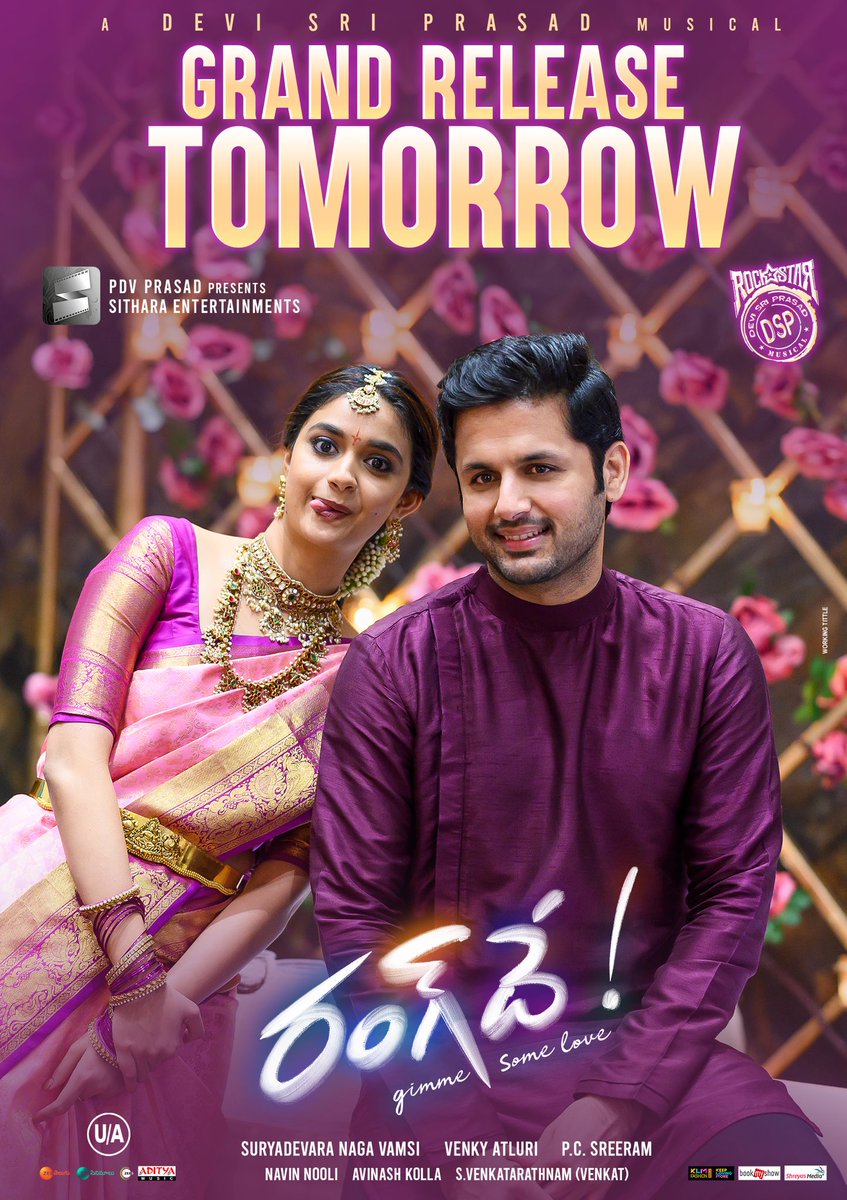 actor_nithiin's tweet photo. Fun-filled &amp; colorful entertainer #RangDe Grand Release Tomorrow 🤩

Book Your Tickets Now - https://t.co/OtBf2Q9wAM

#RangDeFromTomorrow🌈

@KeerthyOfficial @pcsreeram @ThisIsDSP @dirvenky_atluri @vamsi84 @ShreeLyricist @adityamusic @SVR4446 @NavinNooli ⁦@SitharaEnts⁩ https://t.co/nHKAZ3zLcT