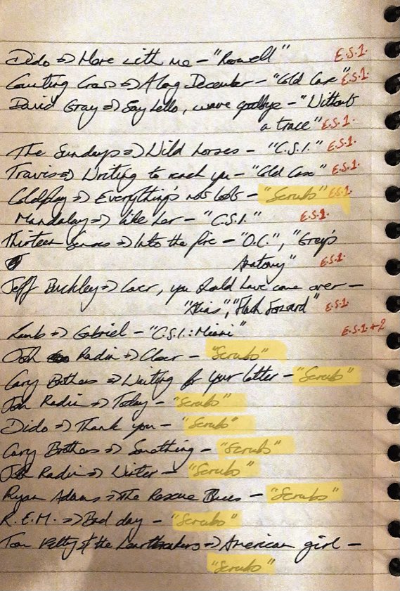 Lynn_Murphy78's tweet photo. Just goes to show how much of my music collection I owe to “Scrubs”! The effort taken before the days of Shazam etc! #OldNotebooks #CheersForTheTunes #FakeDoctorsRealFriends https://t.co/Ft8leTheI1