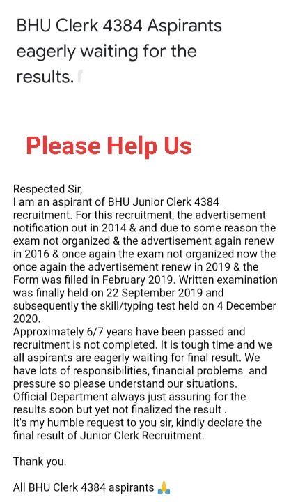 mkmahesh76's tweet photo. #bhu_juniorclerk_result_do
#bhu_juniorclerk_result_do
@VCofficeBHU
@registrarbhu
@DrRPNishank
@EduMinOfIndia @bhupro 
Sir Please release the final result of bhu clerk (4384)ASAP. As We have been waiting from 2014 and still counting. https://t.co/fFur2aj7R6