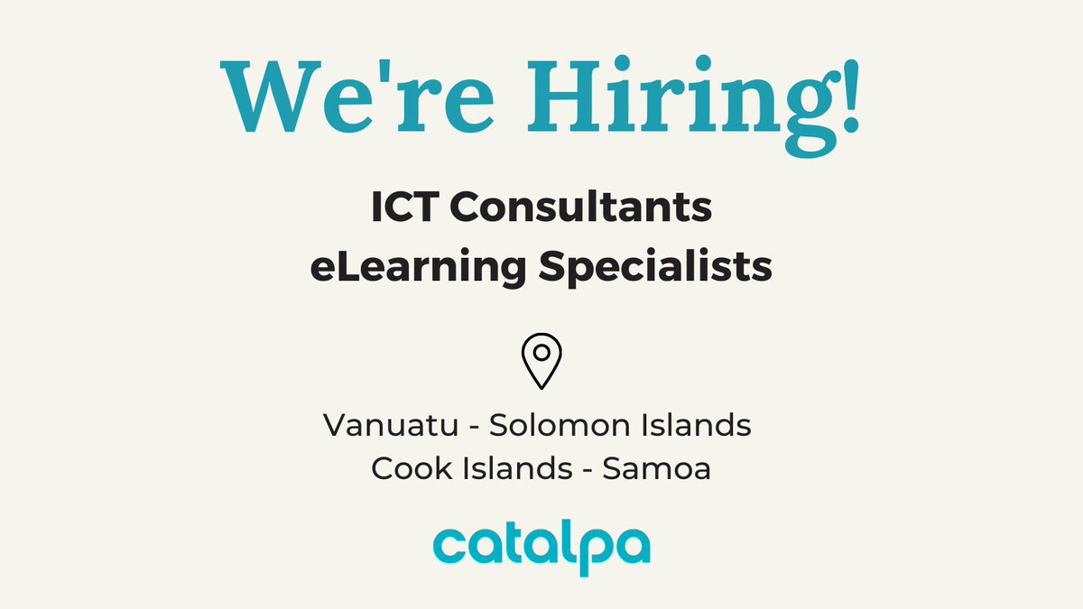 CatalpaDev's tweet photo. Only a few days left to apply these exciting roles in #CookIslands, #Samoa, #SolomonIslands, and #Vanuatu!
Find out more: https://t.co/ezVBs7ncvE
#ICT #edtech #eLearning #PacificJobs https://t.co/bBpr0MJxuu