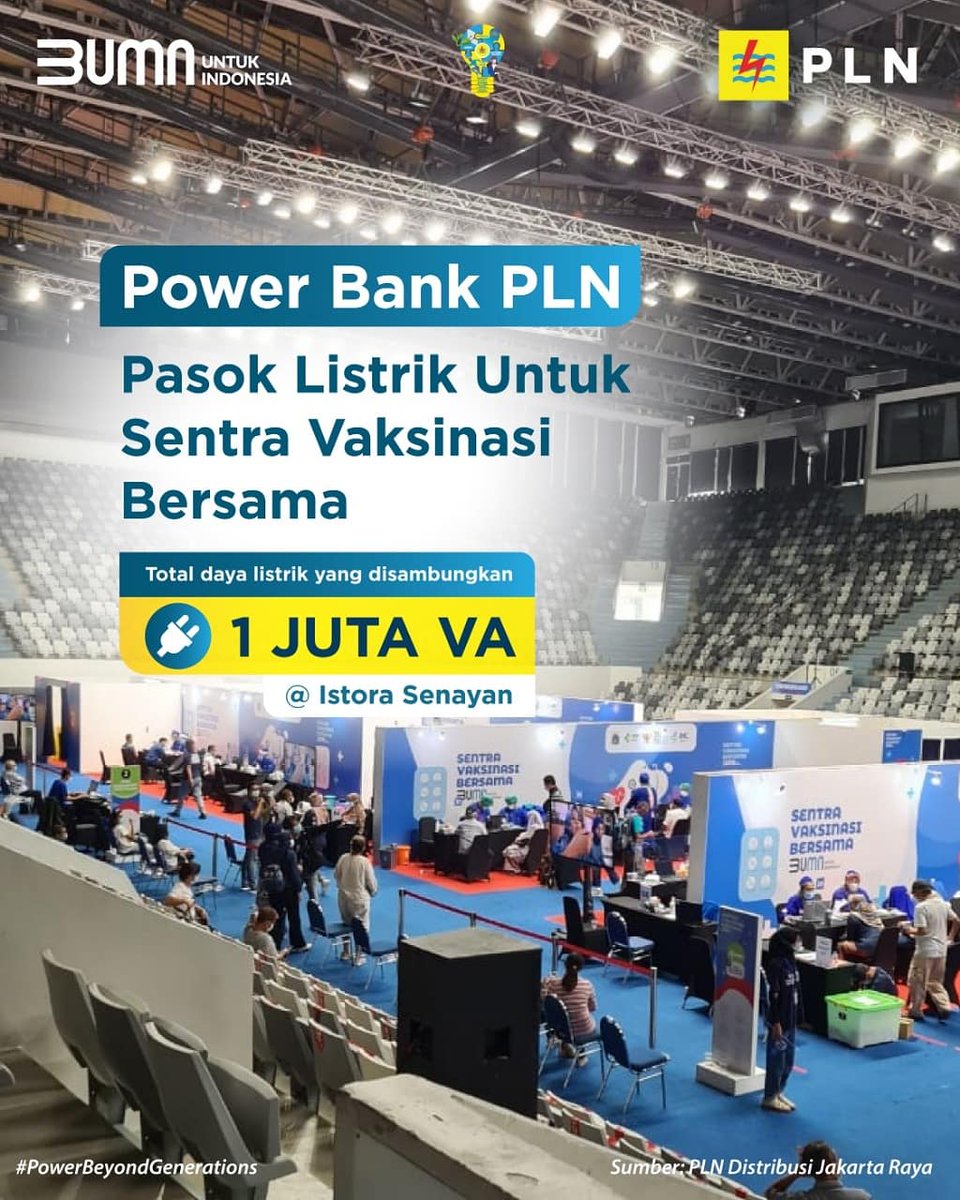 _pln_id's tweet photo. Electrizen,
Dukung program vaksinasi, PLN Gunakan Power bank sebagai suplai penyambungan listrik sementara sebesar 1 juta Volt Ampere (VA) untuk Sentra Vaksinasi Bersama di Tennis Indoor Senayan, Jakarta. 
#PLNDukungVaksinasi #ListrikUntukSemua #PowerBeyondGenerations https://t.co/jfgJ98Nln0