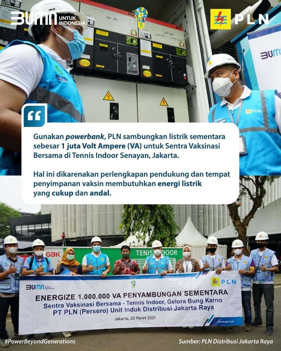 _pln_id's tweet photo. Electrizen,
Dukung program vaksinasi, PLN Gunakan Power bank sebagai suplai penyambungan listrik sementara sebesar 1 juta Volt Ampere (VA) untuk Sentra Vaksinasi Bersama di Tennis Indoor Senayan, Jakarta. 
#PLNDukungVaksinasi #ListrikUntukSemua #PowerBeyondGenerations https://t.co/jfgJ98Nln0