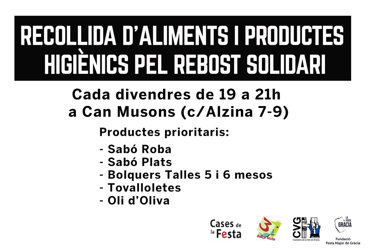 Demà recollida d'aliments i productes higiènics pel #RebostSolidarideGràcia a #CanMusons (c/ Alzina 7).

Els productes prioritaris son:
-Sabó roba
- Sabó plats
- Bolquers Talles 5 i 6
- Tovalloletes
- Oli oliva

#castelleres #castellers <a href="/GraciaParticipa/">Gràcia Participa</a>