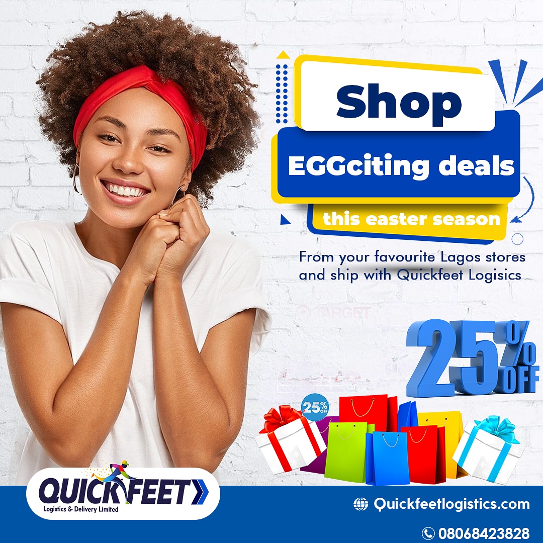 Quickfeetltd's tweet photo. Shop EGGciting deals this coming Easter season from your favourite online Lagos stores and deliver to your doorstep in Lagos using #QuickfeetLogistics

Take advantage of our discounted shipping rates for Lagos metropolis 

#Quuckfeetwilldeliver
#ExpressDelivery
#EasterOffer https://t.co/Y4PwHHQLXj
