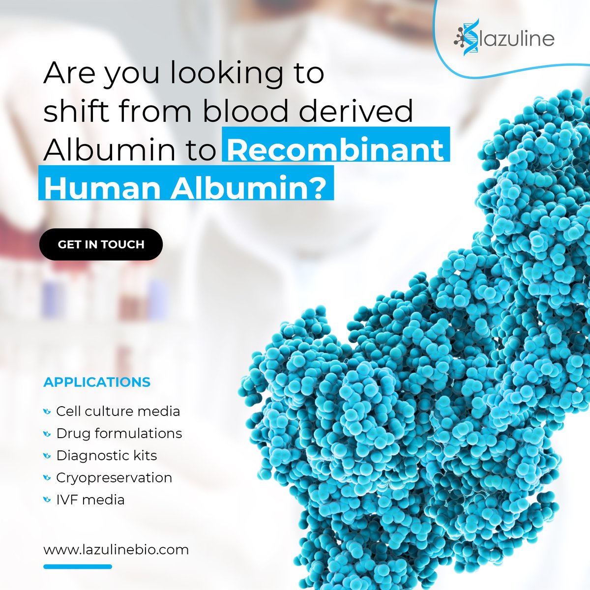 LazulineBiotech's tweet photo. Lazuline recognises the growing awareness about the Recombinant technology for healthcare and is helping advance the same. 
Reach out to us for sample/ to place an order for Recombinant Human Albumin
https://t.co/IWKnb7L2dM
#Biosimilars #albumin #technology #healthcare #biotech https://t.co/5VGHYNWNqc