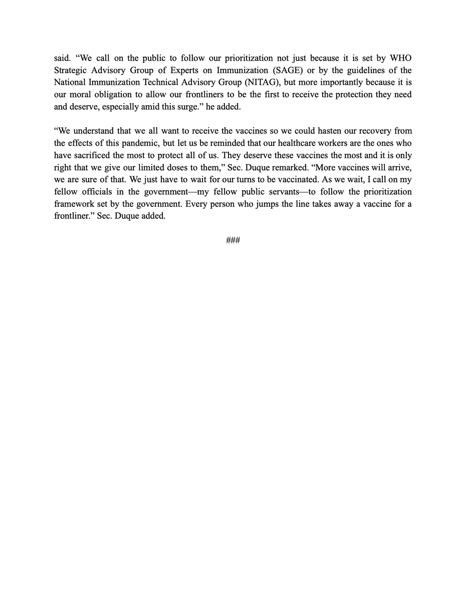 FOLLOW PRIORITIZATION AND WAIT FOR YOUR TURN, GOVT WILL SECURE VACCINES FOR ALL – DOH, NTF

25 March 2021

#COVID19PH #WeHealAsOnePH #COVIDvaccinePH #ExplainExplainExplain