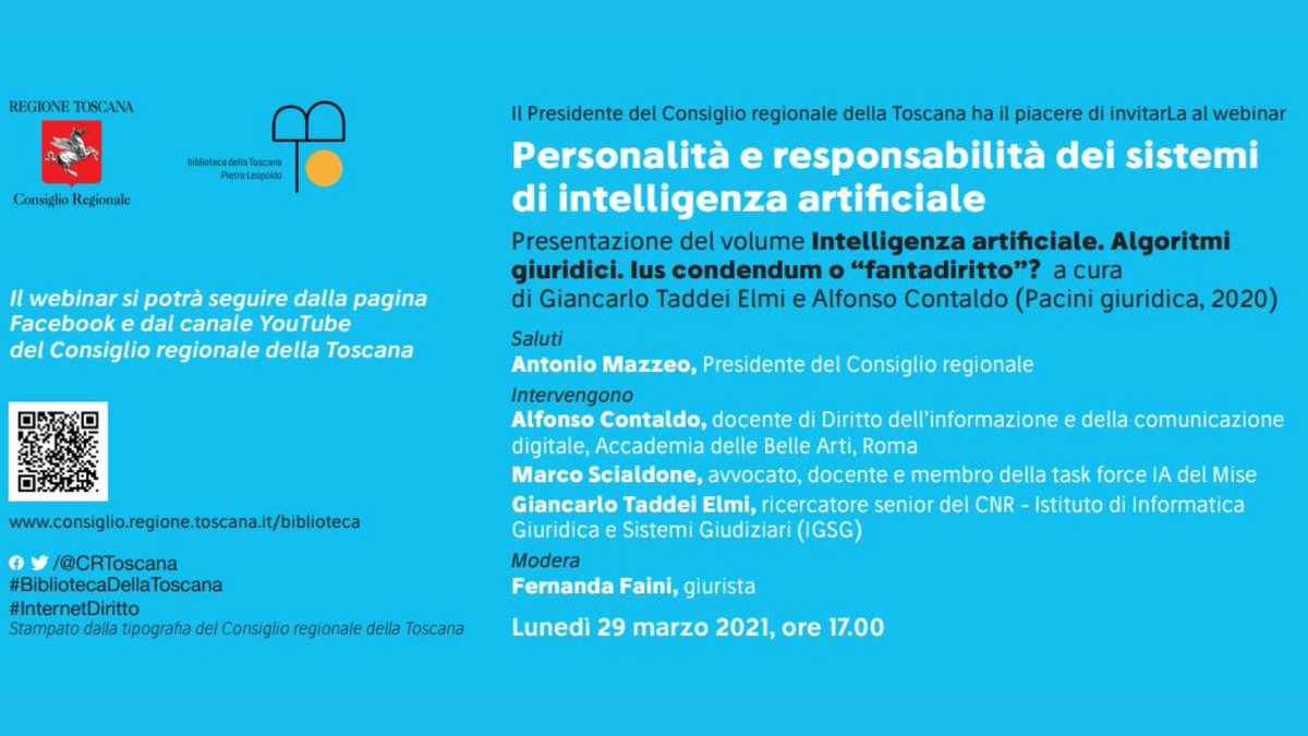 CRToscana's tweet photo. #BibliotecaDellaToscana
Lunedì 29 h17 appuntamento on line con il webinar "Personalità e responsabilità dei sistemi di intelligenza artificiale". In diretta su pagina Facebook e canale Youtube del Consiglio regionale. Per saperne di più > https://t.co/DmqTUjEM90 #InternetDiritto https://t.co/qIRYxWIqnN