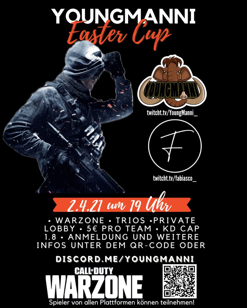 YoungManni_'s tweet photo. Hey Ho✌🏼
Das nächste #warzone Turnier steht an. Alle Infos sind auf dem Flyer. Freue mich über jeden der dabei ist.
#CallofDuty #turnier #warzonecup #streamer #twitch #smallstreamers #germanstreamer @CallofDutyDE @fabiasco_dj #SupportSmallStreamers https://t.co/DBfxqxK7lT