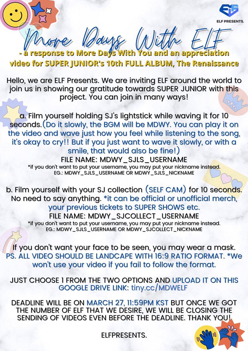 ELFPresents's tweet photo. [HELP RT] MORE_DAYS_WITH_ELF FAN PROJECT

Hello, our second project is here! Calling all ELF around the world who would like to participate and be part of this! We just need 10 seconds of your time 💙

SUBMIT HERE: https://t.co/niLkhDX2AY
Read more about the project here: https://t.co/dc6wBVzzzy