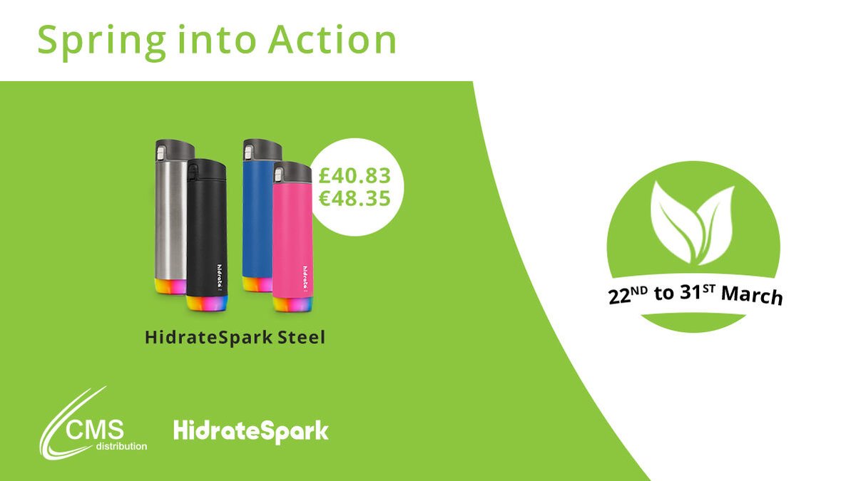CMSDistribution's tweet photo. Day 4 of our Spring into Action deals! 

Today, with have the world smartest water bottle, the @HidrateSpark STEEL, offering a 5% discount.

These deals are valid for today only!

Contact your account manager today: +44 1423 704700/+353 94 937 4000 

#CMSDistribution #LifeatCMS https://t.co/BP1Rsv1mOR