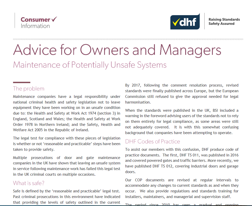 DHFOnline's tweet photo. #Automatedgate maintenance engineers are frequently confronted with owners & managers of unsafe gate systems that are hesitant to conduct necessary safety upgrade - this DHF publication can help #gate companies work with customers
https://t.co/DgUjGwGySr
#consumerinformation https://t.co/ZtplyLEj5b