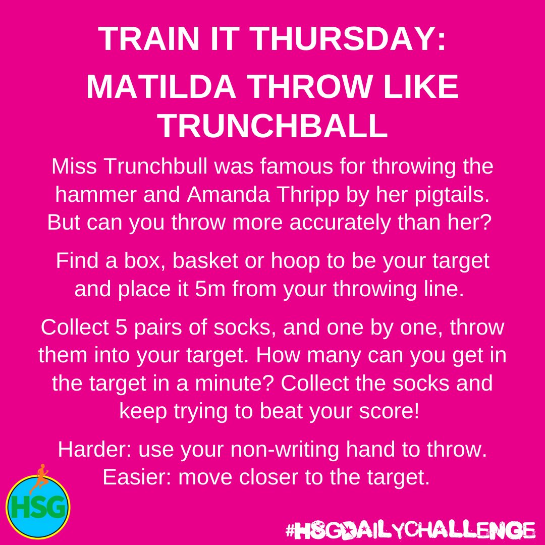 Todays theatre based challenge is themed around Matilda! Can you throw as well as Miss Trunchball? #HSGDailyChallenge @YourSchoolGames @EnergiseSchools
