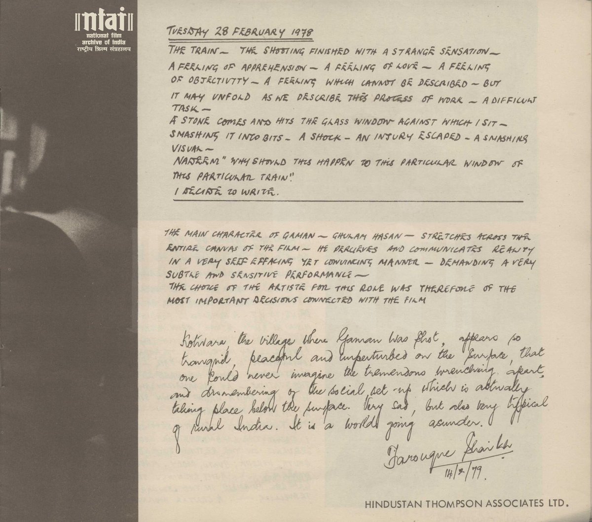 NFAIOfficial's tweet photo. “Seene Mein Jalan Aankhon Mein Tufaan Saa Kyon Hai”
#ThrowbackThursday: Muzaffar Ali’s #Gaman (1978) deals with the emptiness of urban migration. Check out an excerpt from the #songbooklet of the film. Today is the birth anniversary of renowned actor #FarooqueShaikh. https://t.co/eZLVBhqA9n