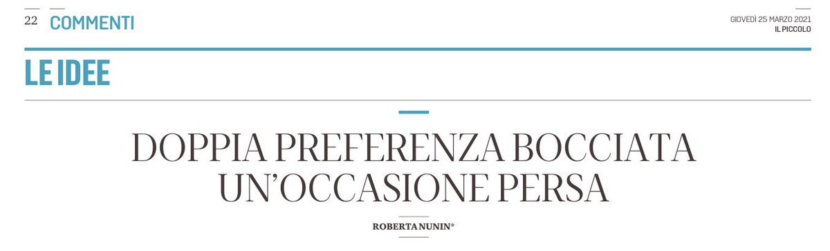 Come scrive oggi su <a href="/il_piccolo/">Il Piccolo</a> Roberta Nunin,è stata un’occasione persa.Ieri il <a href="/CRFVG/">Consiglio FVG</a> ha bocciato per la seconda volta la proposta di legge sulla #doppiapreferenzadigenere 
Un possibile posto in più a una donna è un posto in meno a un uomo, devono aver pensato i contrari
#donne
