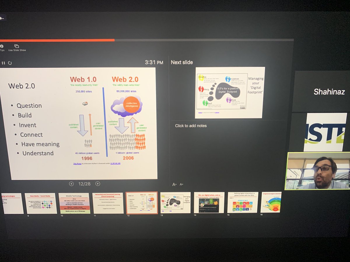 ISTEglobalPLN's tweet photo. @Doctor_Harves discussing Web 1.0–>web 2.0, #DigitalSelves, and so much more with #SDGs!!! 

We are so lucky to have his leadership in #GlobalEducation! 

cc @dpskamal https://t.co/6pVF06JecQ