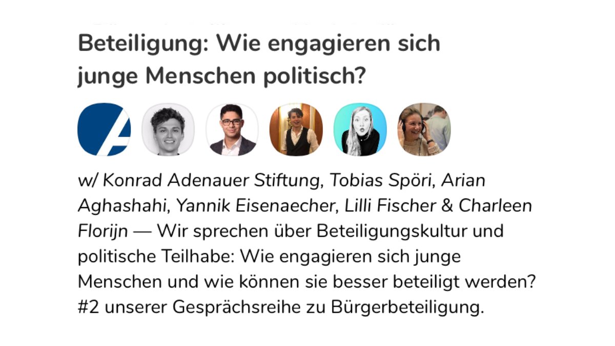 Adenauer-Stiftung (@kasonline) on Twitter photo Wie kann politische #Teilhabe & Beteiligung von jungen Menschen aussehen? Dazu sprechen wir HEUTE zur #lunchtime 13 Uhr auf #Clubhouse mit <a href="/_LilliFischer/">Lilli Fischer</a>, @TobiasSpoeri, @CharleenFlorijn, <a href="/eisenaecher/">yanniksmusic</a> und Arian Aghashahi v. @Initiative_JuPa! #KAS4Democracy
joinclubhouse.com/event/M1Lbpglp Wie kann politische #Teilhabe & Beteiligung von jungen Menschen aussehen? Dazu sprechen wir HEUTE zur #lunchtime 13 Uhr auf #Clubhouse mit <a href="/_LilliFischer/">Lilli Fischer</a>, @TobiasSpoeri, @CharleenFlorijn, <a href="/eisenaecher/">yanniksmusic</a> und Arian Aghashahi v. @Initiative_JuPa! #KAS4Democracy
joinclubhouse.com/event/M1Lbpglp