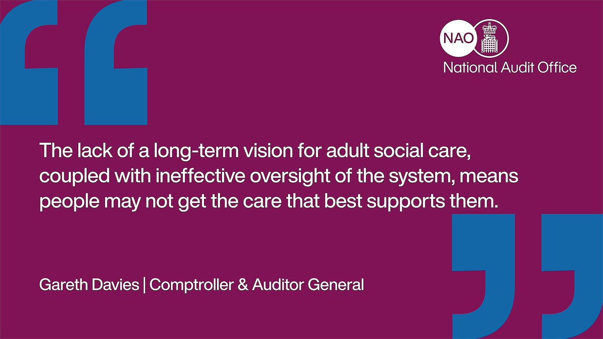 NAOorguk's tweet photo. @DHSCgovuk There are likely to be large increases in demand for care in the future.

Despite years of papers, consultations and reviews, there remains no long-term plan for care.

Reforming the sector will be a significant challenge, requiring a cross-government approach. (3/3) https://t.co/ndGQ5bIrPu