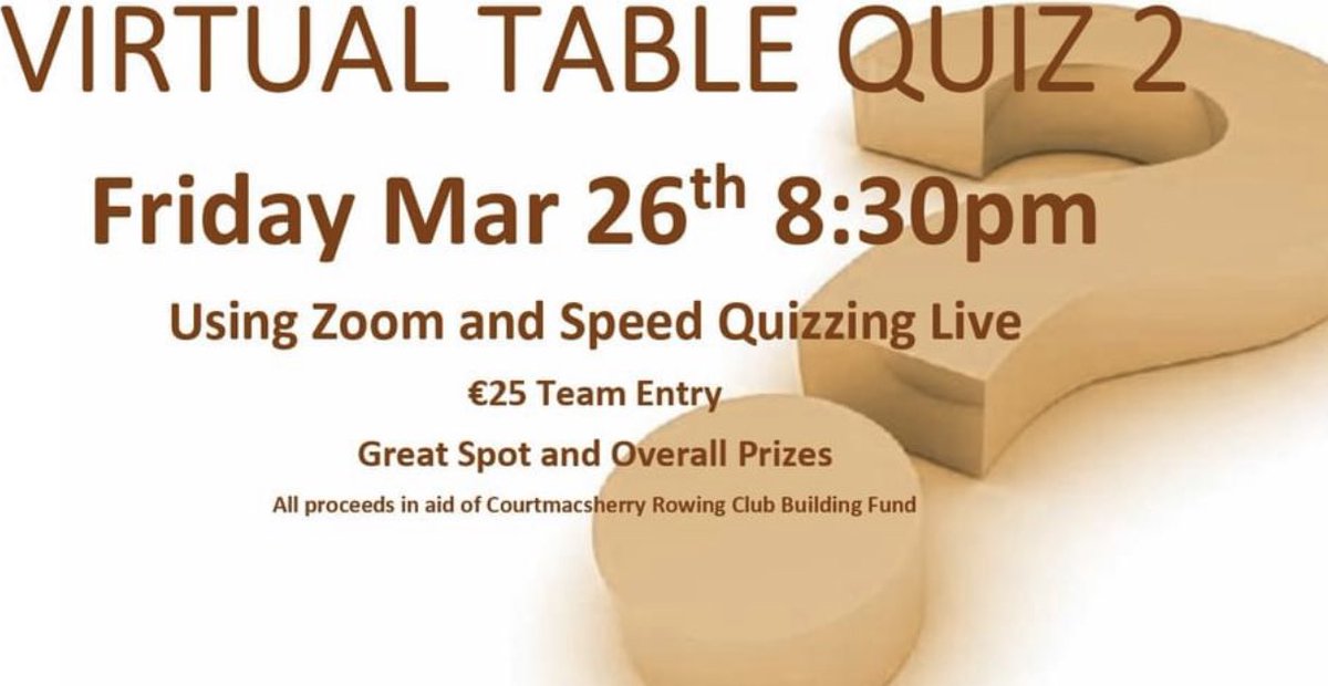 Reminder our popular table quiz takes place tomorrow Friday. You can register using this link form.jotform.com/210685720035349