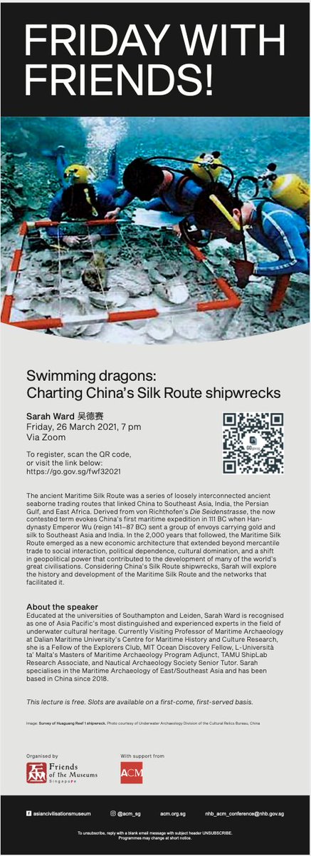 💥HEADS UP! If you are looking for something to do tomorrow (Friday) night 26 March, 7pm SG, join me for #FridayWithFriends with <a href="/FOMSingapore/">FOM Singapore</a> <a href="/acm_sg/">ACM Singapore</a>, where I'll be speaking about  Charting China's #SilkRoute #Shipwrecks! 🤿⚓️🌏

fom.sg/publicevents.a…

#MaritimeArchaeology