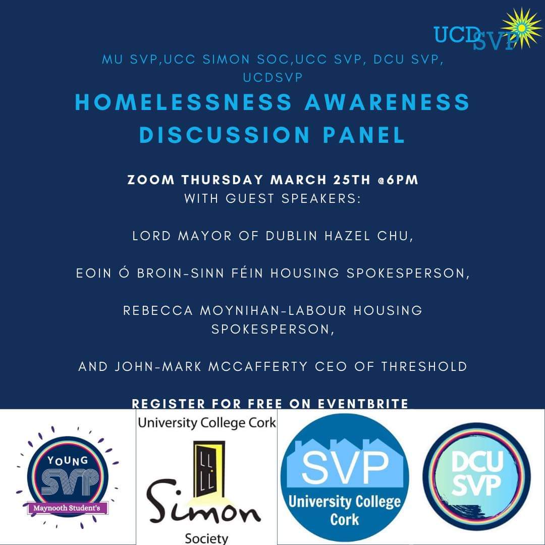Young SVP Homeless Week 2021
Tonight @ 6pm, we will be joined by <a href="/LordMayorDublin/">Lord Mayor of Dublin</a> 
<a href="/EOBroin/">Eoin Ó Broin</a>
@RebeccaMoy
@JMMcCafferty for a discussion on Invisible Homelessness and how precarious accommodation can lead to people experiencing homelessness.

Register here!: ucd-ie.zoom.us/webinar/regist…