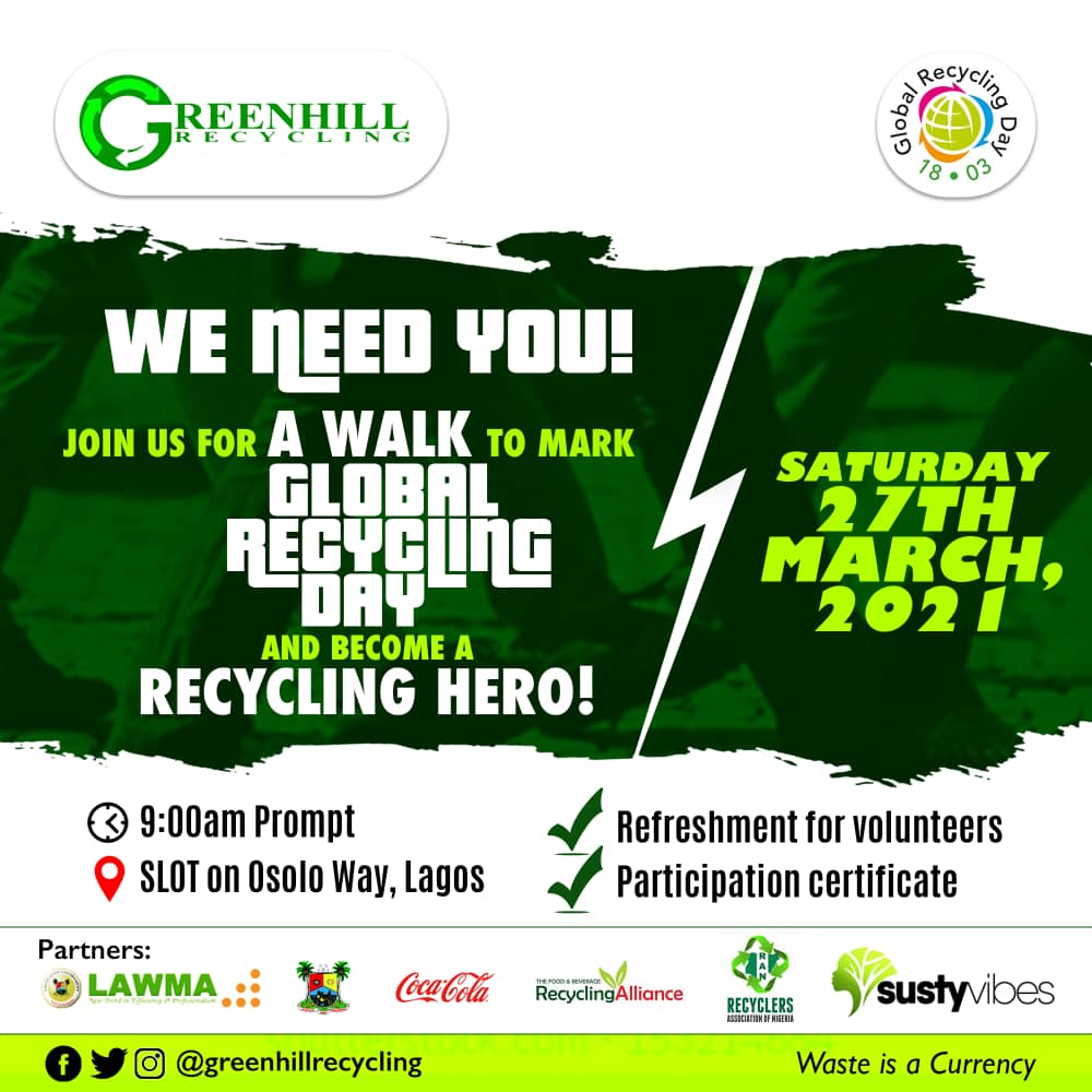 SustyVibes's tweet photo. Becoming a Recycling♻️ Hero has never been easier. Join us at Isolo, on Saturday, As we Walk and raise Awareness on Recycling with @GreenhillR_NG 🌲🌿🍃💚💚
Register here👇
https://t.co/s0bcLk0WeF
#Sustyvibes #RecyclingHeroes #sustyvibersrock #GlobalRecyclingDay #stoplastic https://t.co/RkRLx0zYjT