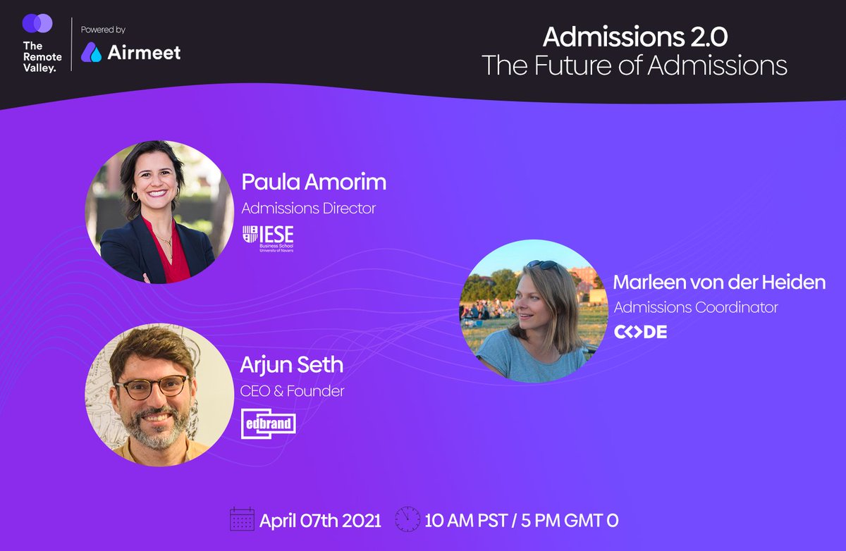 Airmeet's tweet photo. Get to know how international schools are shifting to remote admissions with Paula Amorim, @arjunseth & @Marlidelaheidn
Register free π https://t.co/T5o19D2eGD
#VirtualAdmission #CandidateVirtualExperience #VirtualEvents https://t.co/4tS7uF3vp3