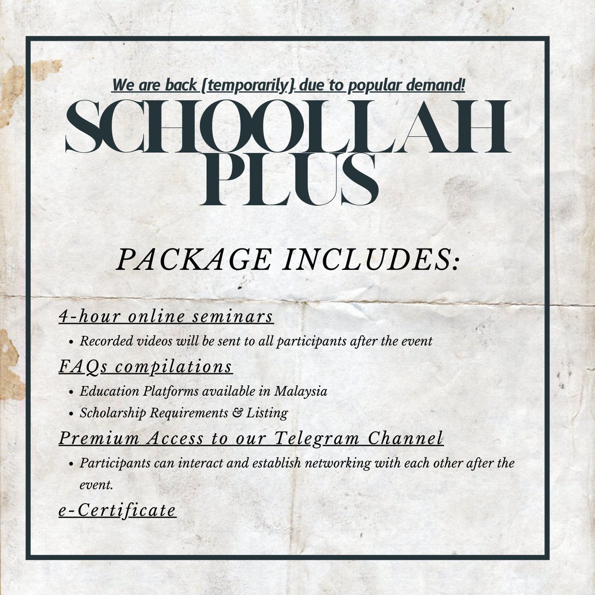 Student yang baru habis SPM, kalau korang blur lagi pasal UPU &amp; Scholarship, boleh la join #SchoollahPlus Sabtu ni tau! 

Harini last harga RM30 (sorang) &amp; RM25 (2 orang ke atas). Berbaloi sangat la! 

Boleh daftar dekat bit.ly/SchoollahPlus 🥳