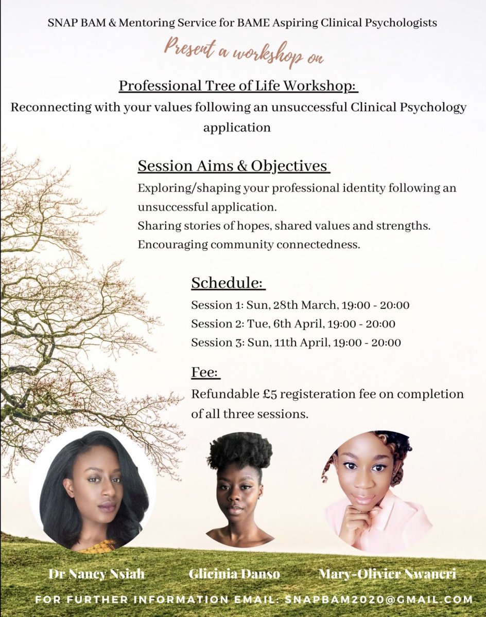 SNAPbam2020's tweet photo. We’re collaborating with @nanceadwoa to run a 'Professional Tree of Life' workshop for aspiring Clinical psychologists from ethnic minorities who were unsuccessful in securing an interview for DClinPsy - https://t.co/IaqqnYsMzm https://t.co/m2Q7hkzruk