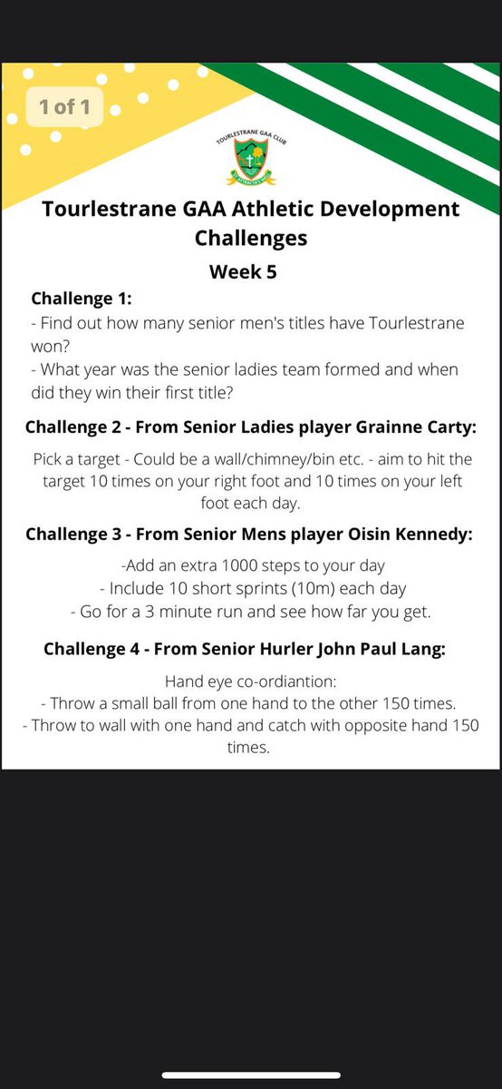 TourlestraneGaa's tweet photo. This weeks challenges are here folks from @ShaunaHenry3 &amp; @kennethgav Athletic Development classes . We are thrilled with the response to these coordinated by @theblond185. Thanks to Gráinne Carty @OisinKennedy1 &amp; @JohnPLang66 for this weeks challenges ! Keep it going 💚💛 https://t.co/M85ACaEH46