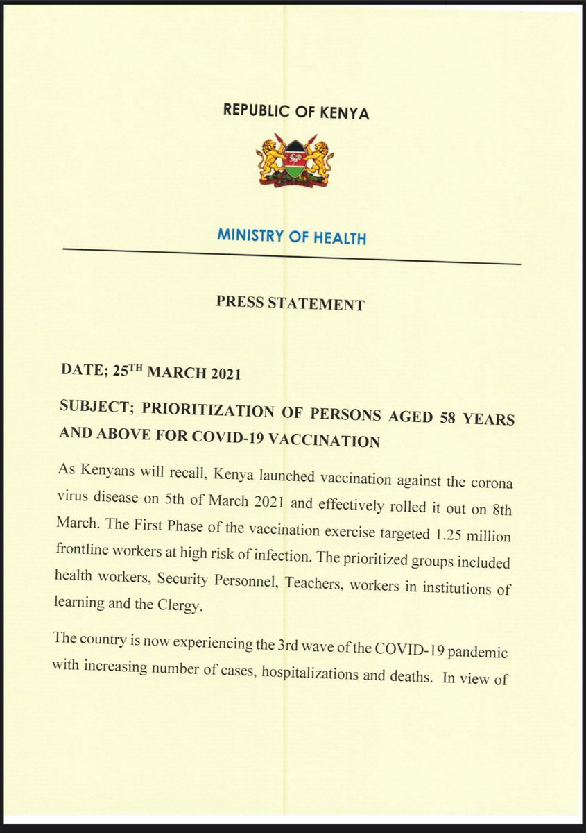 Amref_Kenya's tweet photo. Today, the elderly persons (58+ yrs) have been included in the #COVID19 priority list in the ongoing #COVID19Vaccination that was rollout by @MOH_Kenya two weeks ago. The move will see them vaccinated along side, health workers, and personnel in critical services. #AngamizaCorona https://t.co/1pCGucby7r