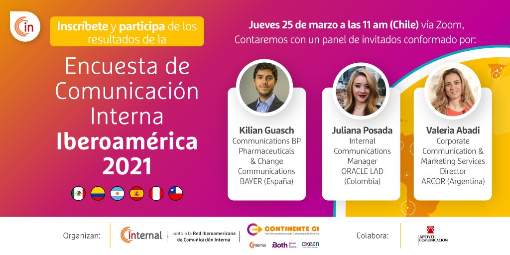 internalCI's tweet image. 🟠¡Queda poco para comenzar el lanzamiento #ECICIBEROAMÉRICA2021!

✅Ingresa al siguiente link para entrar al encuentro 👉bit.ly/39corVk

⏰Recuerda: 15hrs España, 9hrs Perú y 11hrs Argentina y Chile. 

@ContinenteCI #ComunicaciónInterna